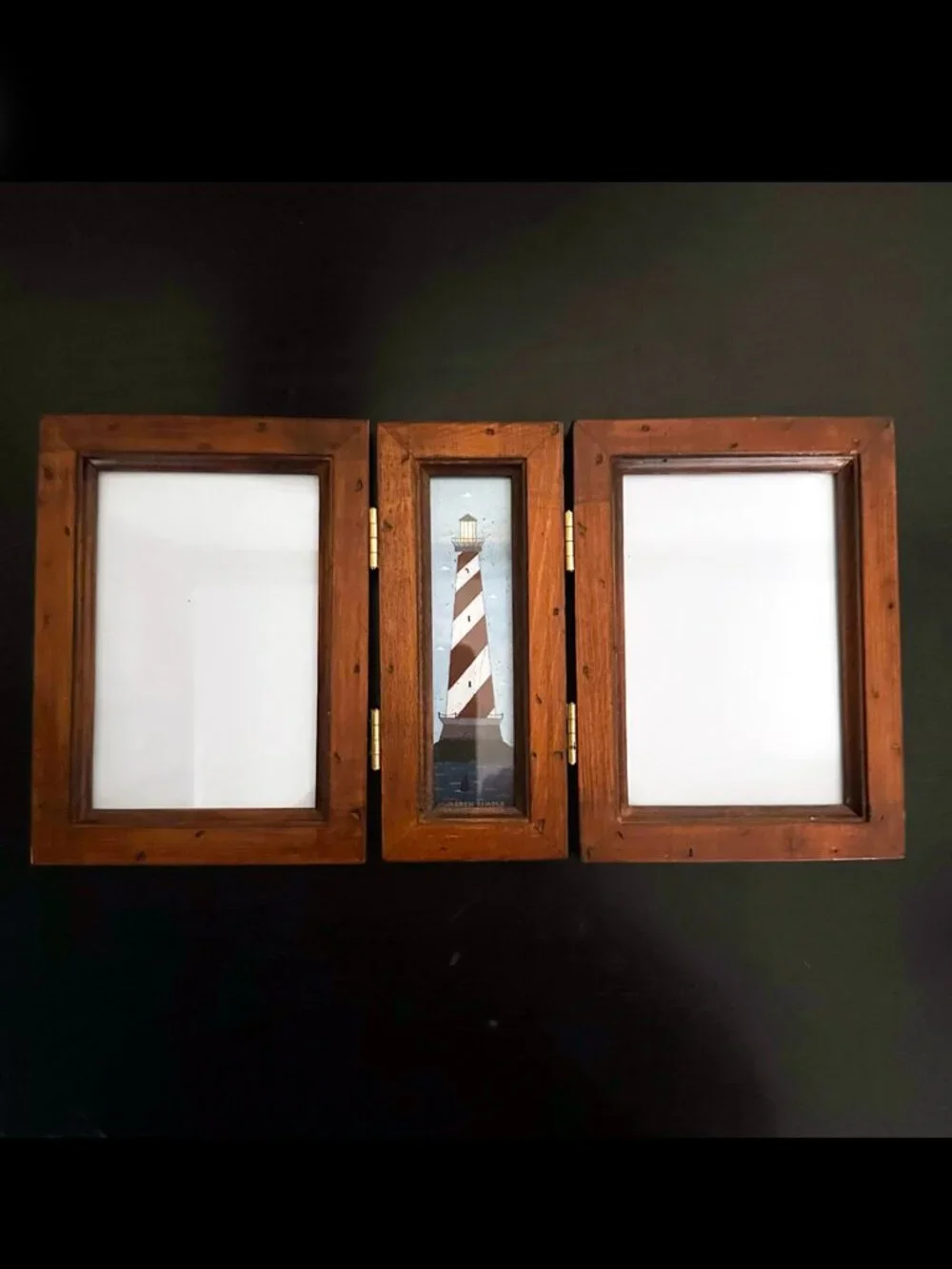 Vintage Warren Kimble Lighthouse Trifold Wood Picture Frame Holds Two 4x6 Photos